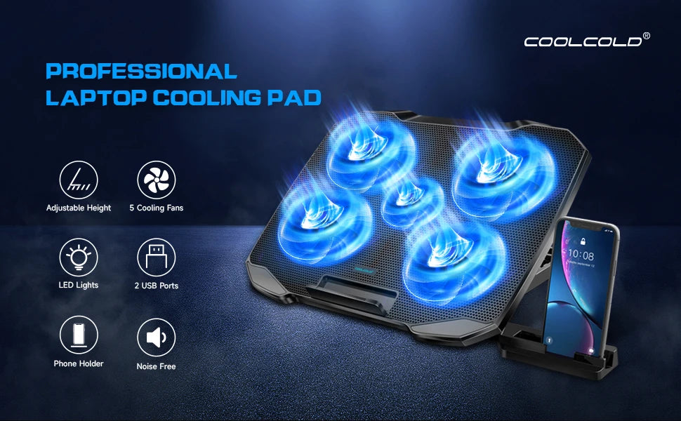 Laptop Cooling Pad – 12-17 Inch Cooler Stand with 5 Quiet Fans